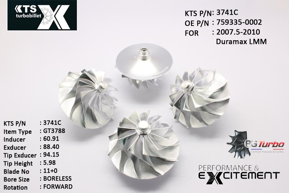 Turbo ROUE FORGÉE MFS PERFORMANCE - 11+0 PALES - INDUCER : 60,91 - EXDUCER : 88,4 - TYPE : GT3788ANGLE : 60° - ROTATION : Forward - SUPER BACK : 20 - BORE SIZE : 8,27
